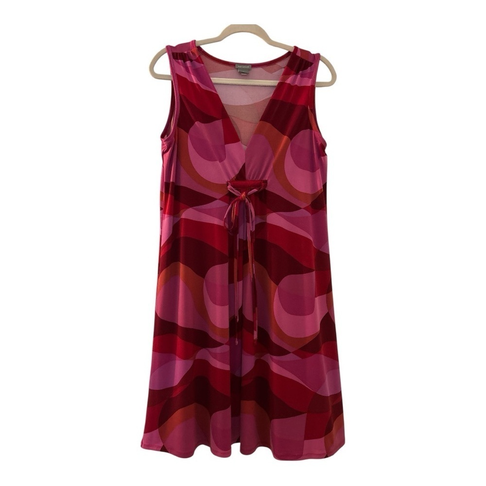 ANN TAYLOR jersey shift dress sz 10, red pink geometric, sleeveless,tie front